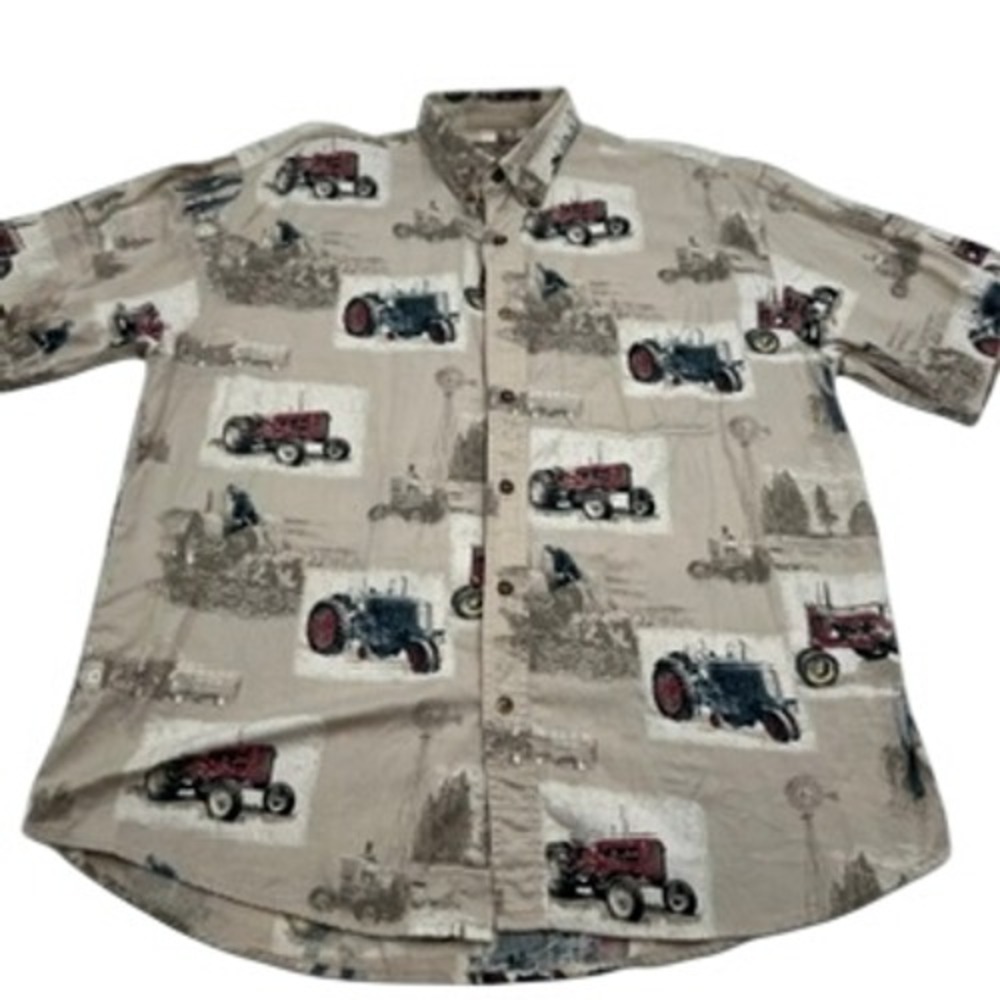 Bit & Bridle Mens Tractor Print Button Down Shirt Tan Cotton Short Sleeve M